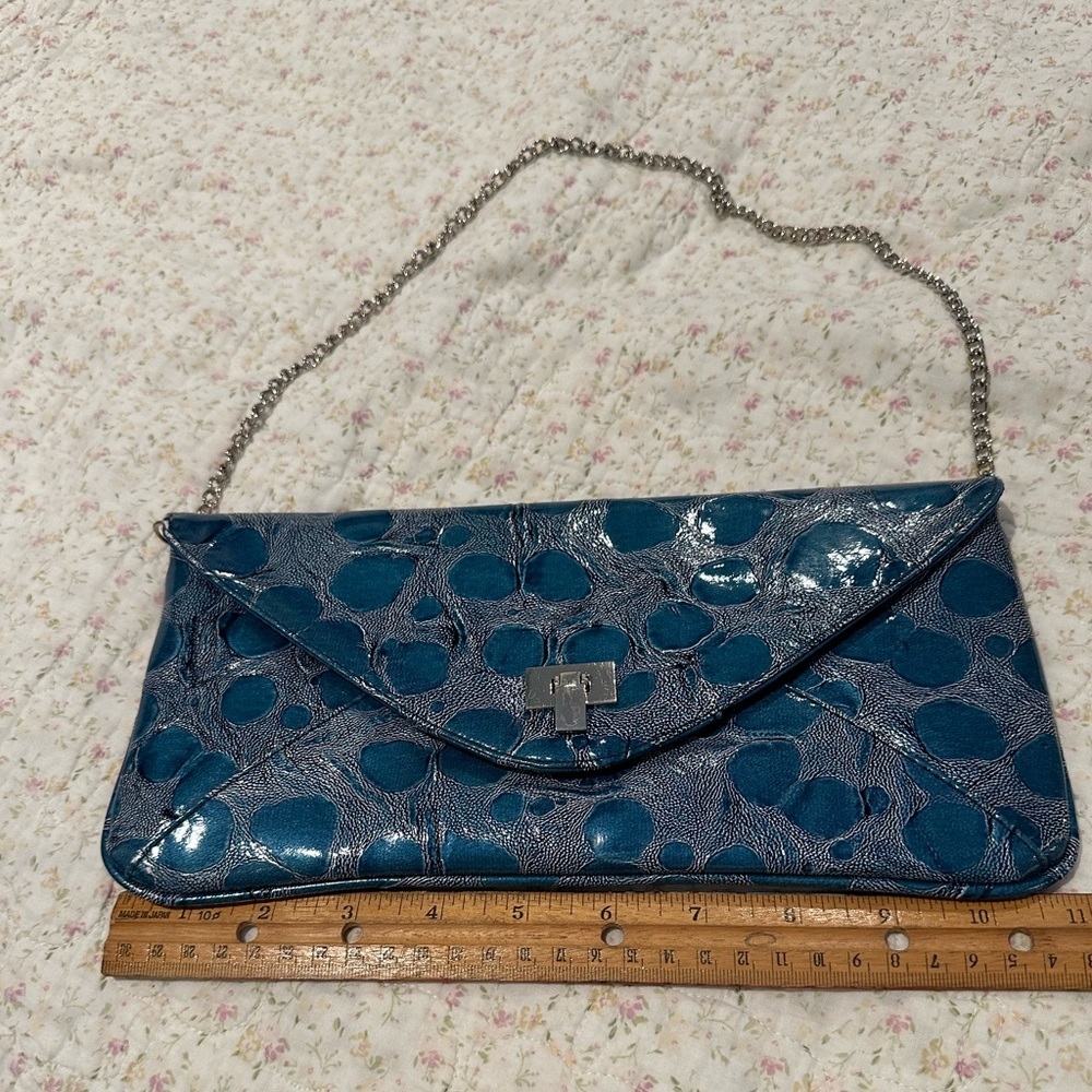 Teal faux reptile envelope purse clutch chain strap 8” chain drop 11”long